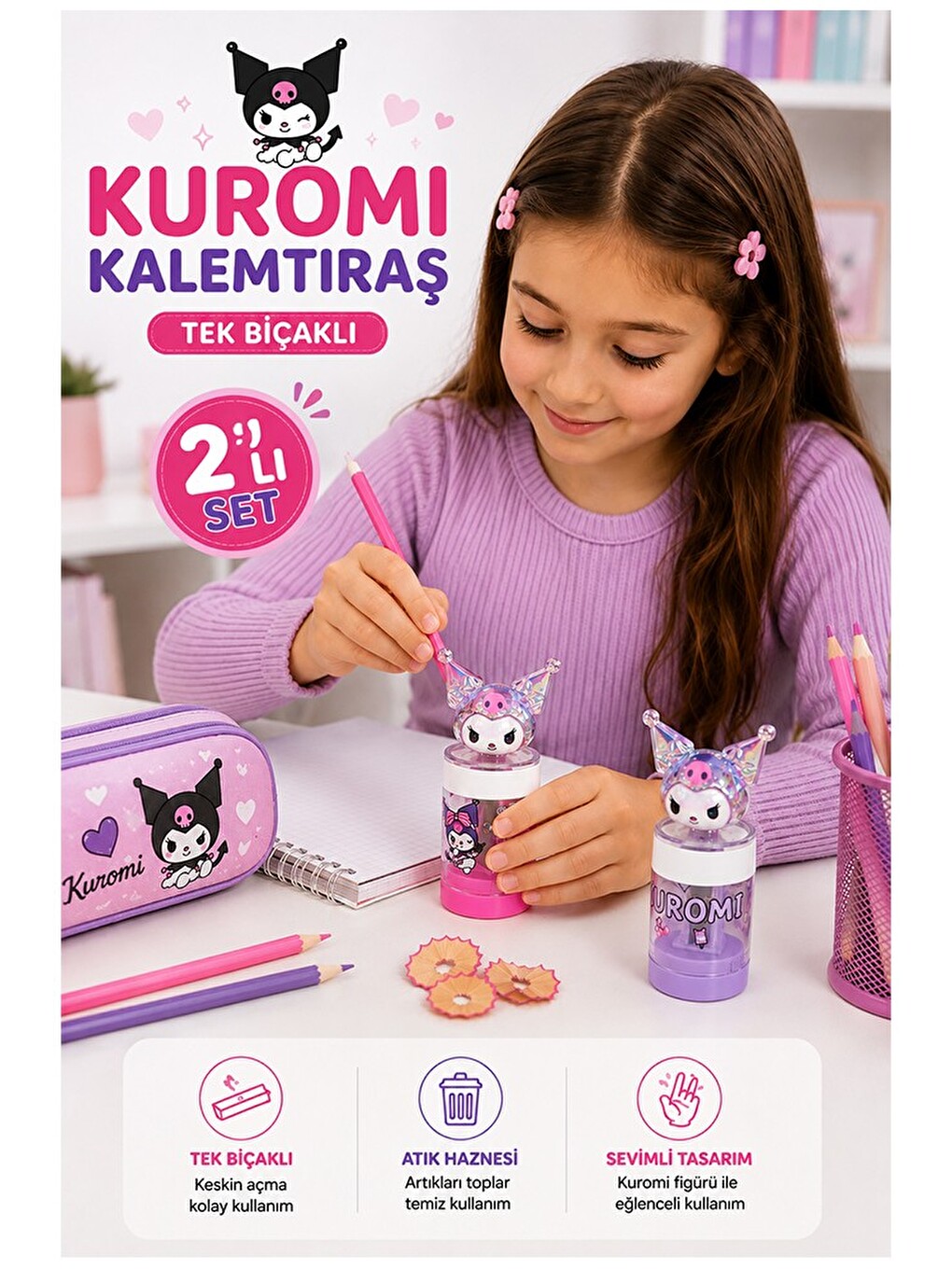 Kuromi Kalemtraş 2 Li Kuromi Figürlü Hazneli Tek Bıçaklı Kalem Açacağı Sevimli Plastik Kalem Traş-1