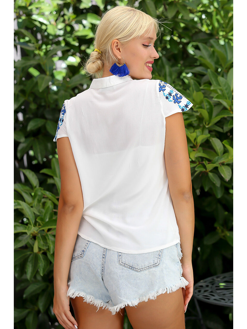 Ekru Kadın Krem Rengi V Yaka Kısa Kol Yırtmaçlı Maxi Regular Fit Casual Pamuklu Örme Bluz-7