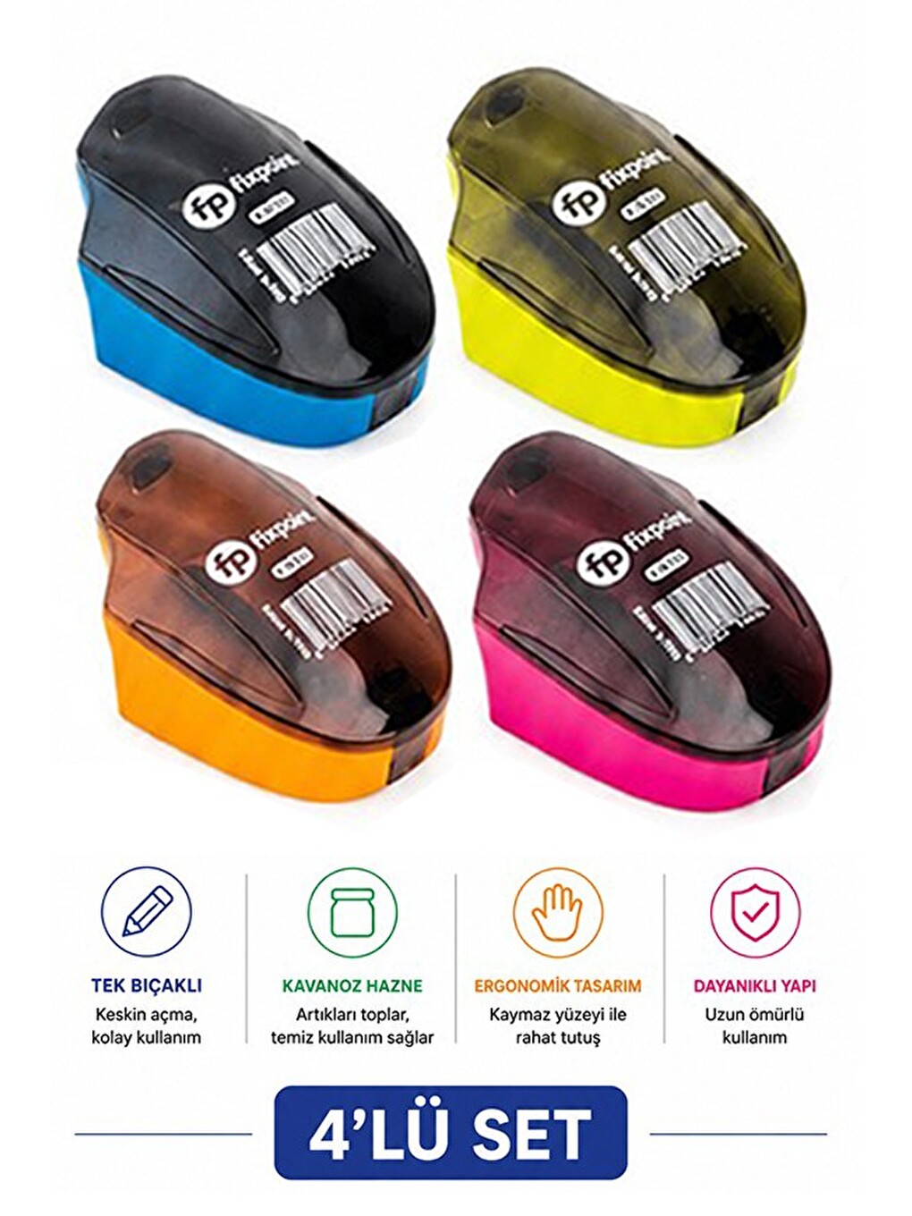 Kalemtraş 4 Adet Hazneli Tek Bıçaklı Fixpoint P-6041 Standart Kalem Açacağı Plastik Kalemtıraş