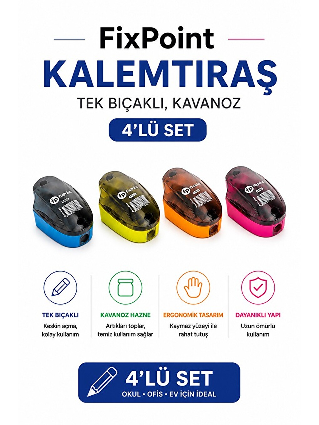 Kalemtraş 4 Adet Hazneli Tek Bıçaklı Fixpoint P-6041 Standart Kalem Açacağı Plastik Kalemtıraş-4