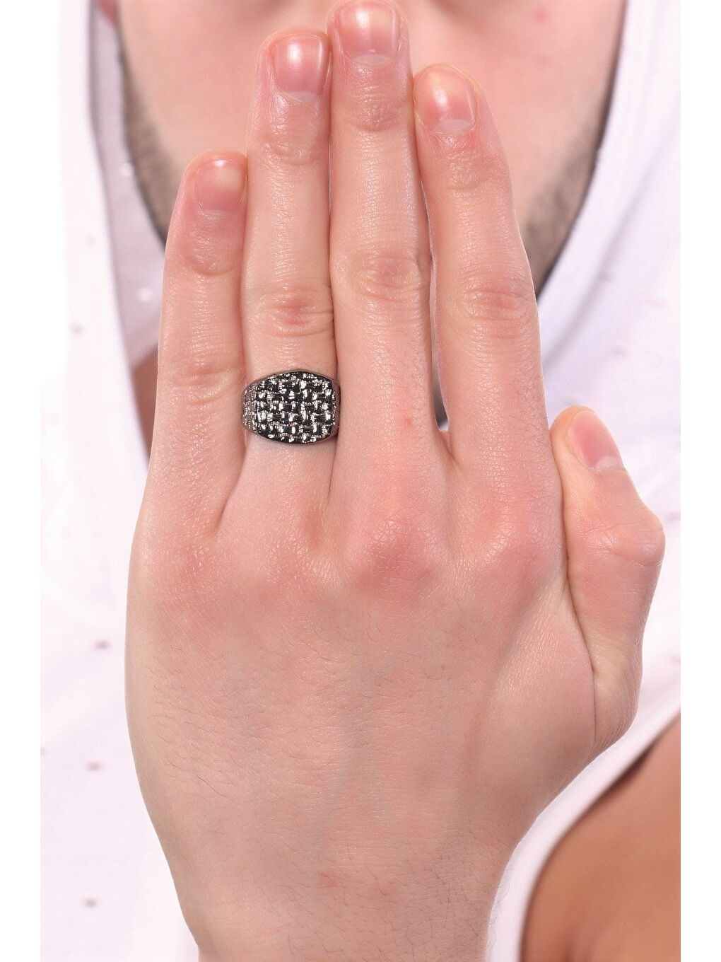 Karışık Erkek Metalik Antrasit Lak Kaplama Ayarlanabilir Hasır Örgü Dokulu Yüzük-2