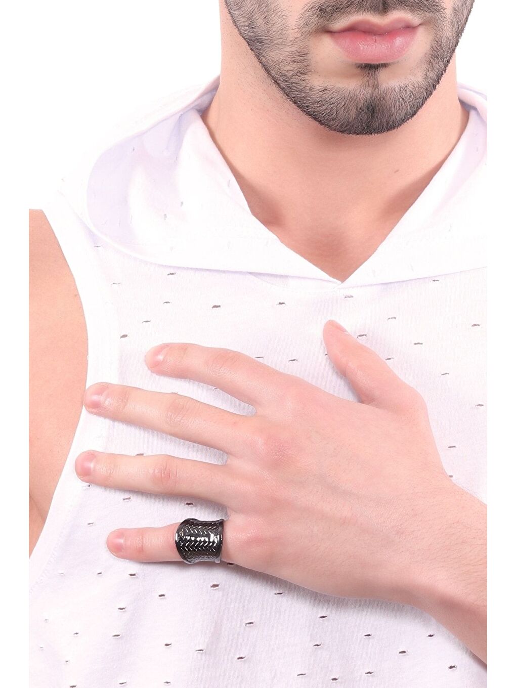 Erkek Antrasit Metalik Lak Kaplama Ayarlanabilir Hasır Örgü Dokulu Yüzük-2