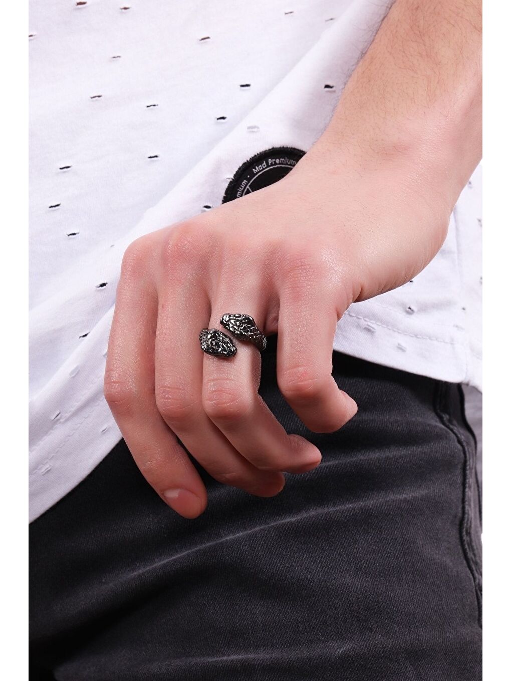 Erkek Metalik Antrasit Lak Kaplama Ayarlanabilir Çiftbaşlı Yılan Yüzük-2