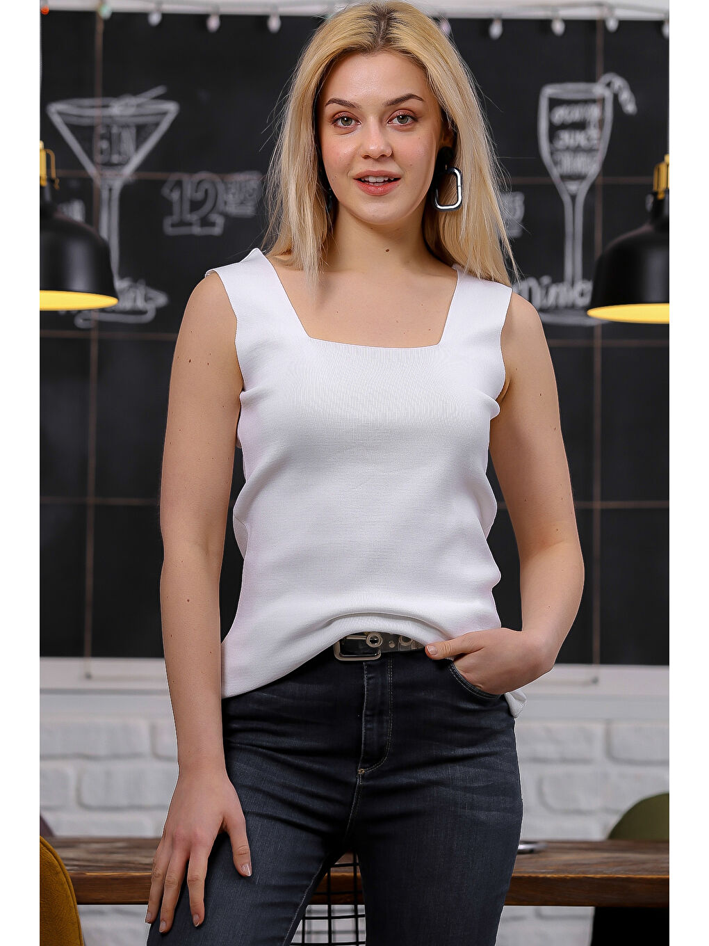 Chiccy Kadın Beyaz Kare Yaka Kalın Askılı Triko Bluz M10010200BL94397