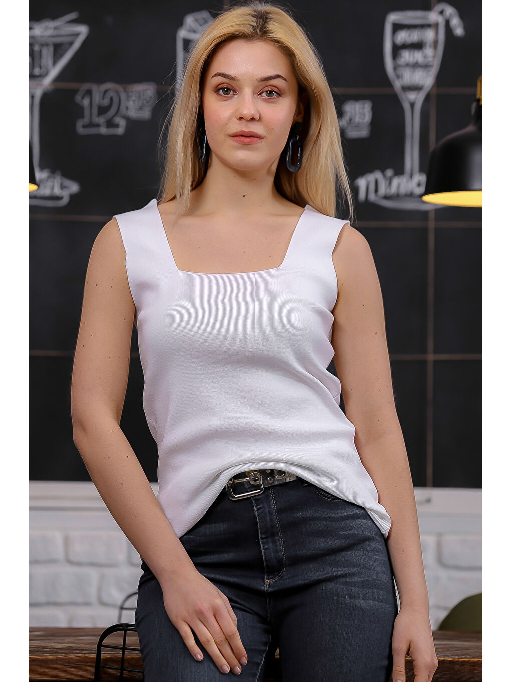 Chiccy Kadın Beyaz Kare Yaka Kalın Askılı Triko Bluz M10010200BL94397 - 2