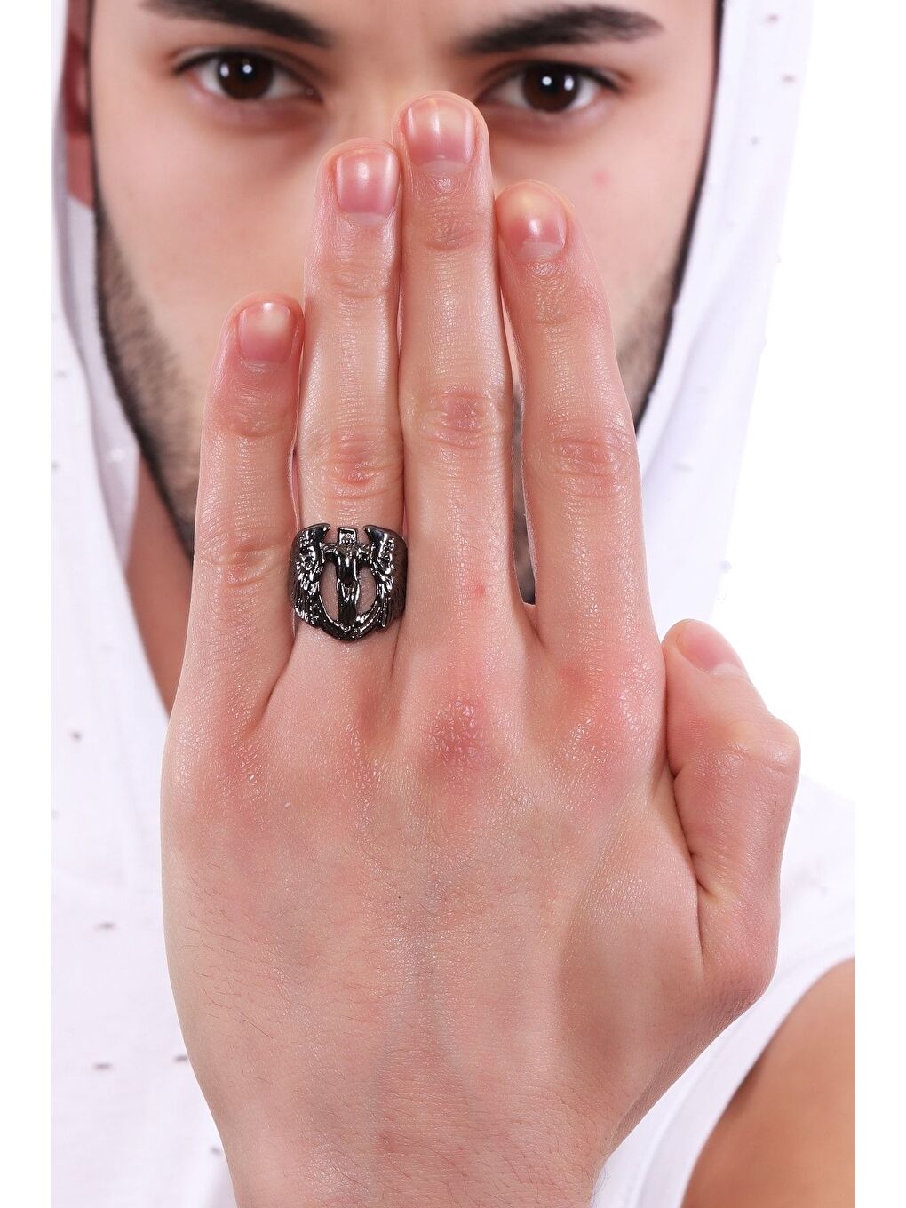 Erkek Metalik Antrasit Lak Kaplama Ayarlanabilir Kanatlı Melek Yüzük-2