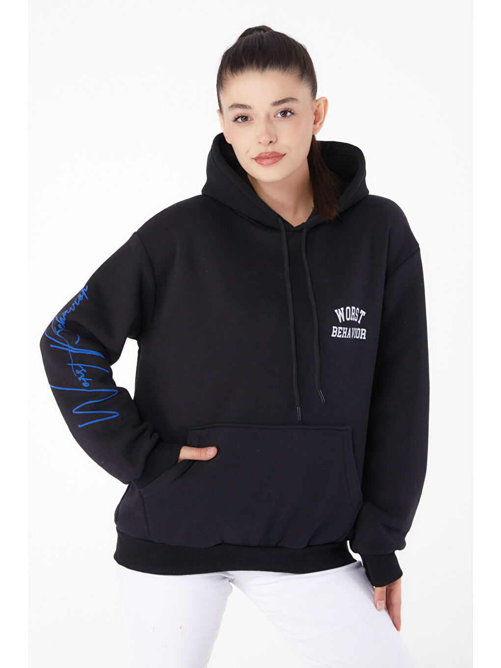 TOFİSA Düz Kapüşonlu Yaka Kadın Siyah Baskılı Sweatshirt