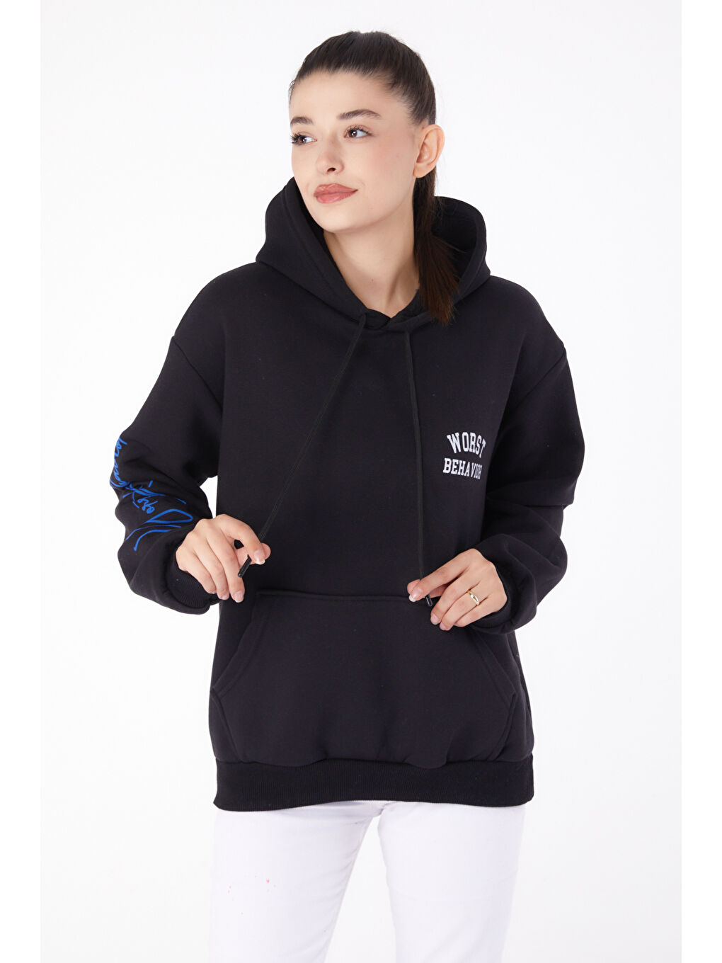 TOFİSA Düz Kapüşonlu Yaka Kadın Siyah Baskılı Sweatshirt - 1