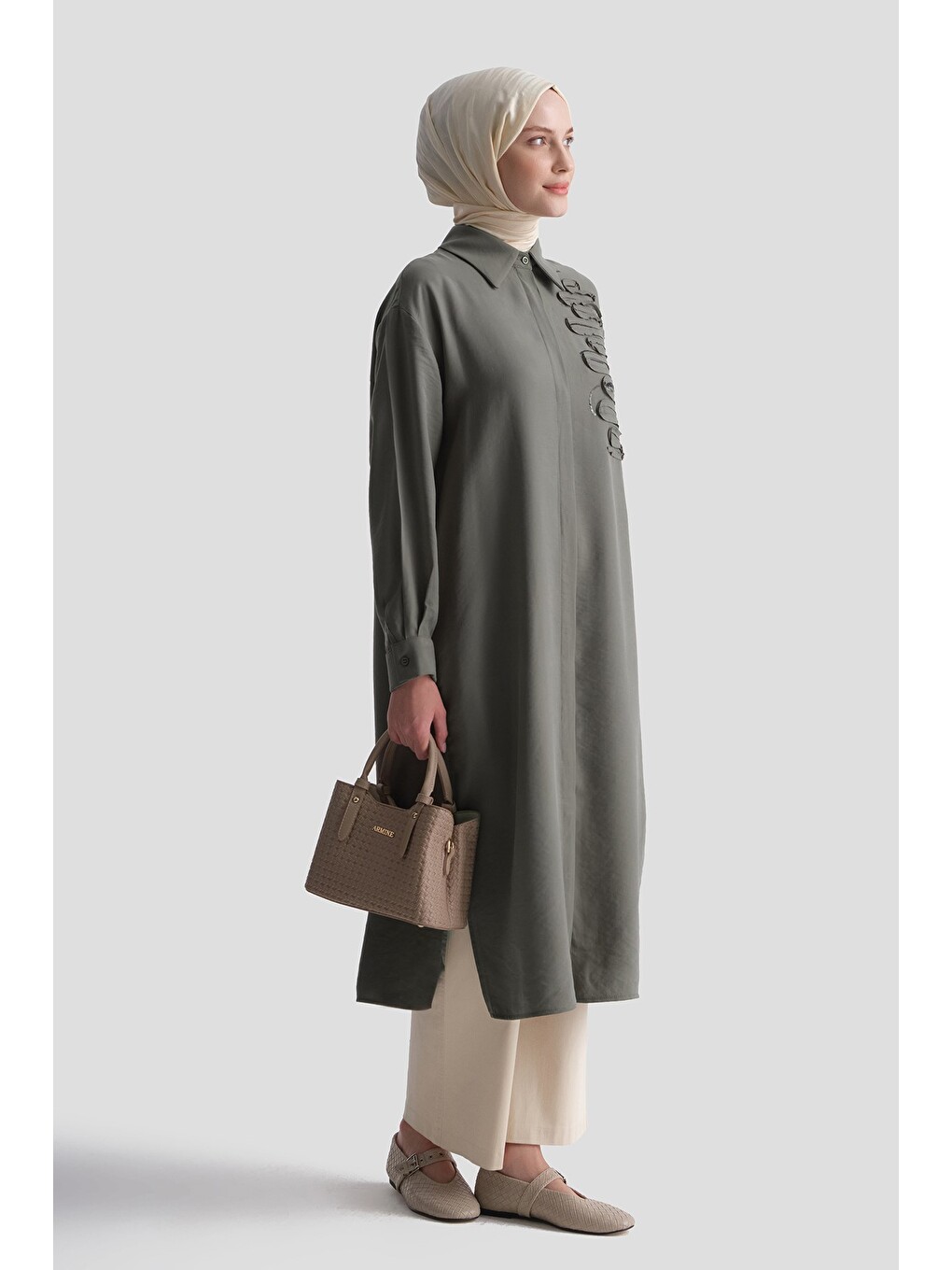 Nakışlı Tunik Elbise Haki-2