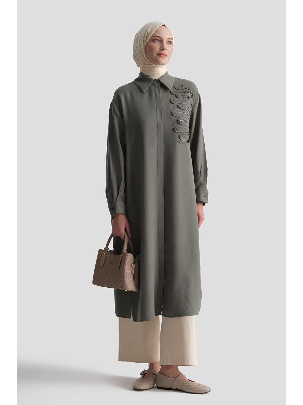 Nakışlı Tunik Elbise Haki-3