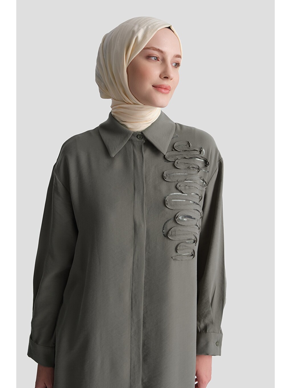 Nakışlı Tunik Elbise Haki-4