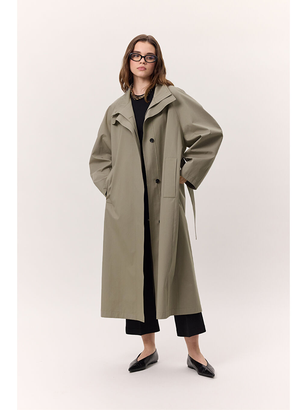 Manuka Yüksek Yaka Oversize Trençkot Yeşil - 1