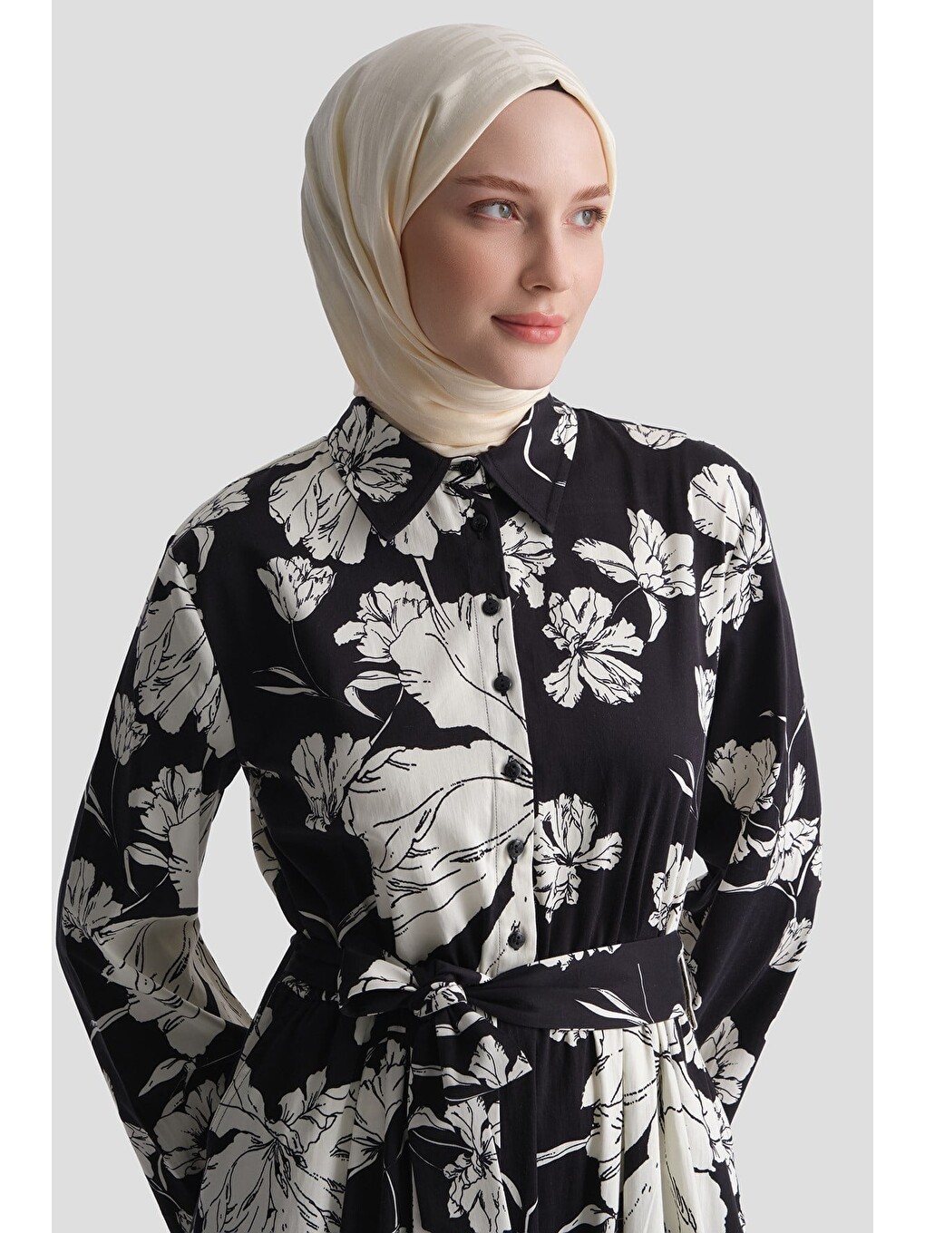 Desenli Kemerli Elbise Siyah-2