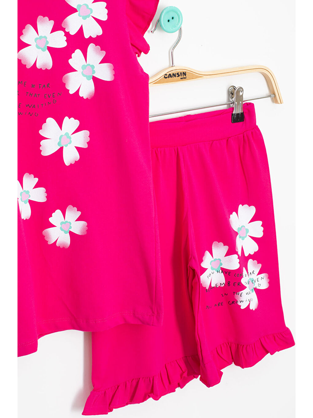 Fuşya Çiçek Desenli Fırfır Detaylı Kız Çocuk Şortlu Takım 20599-2