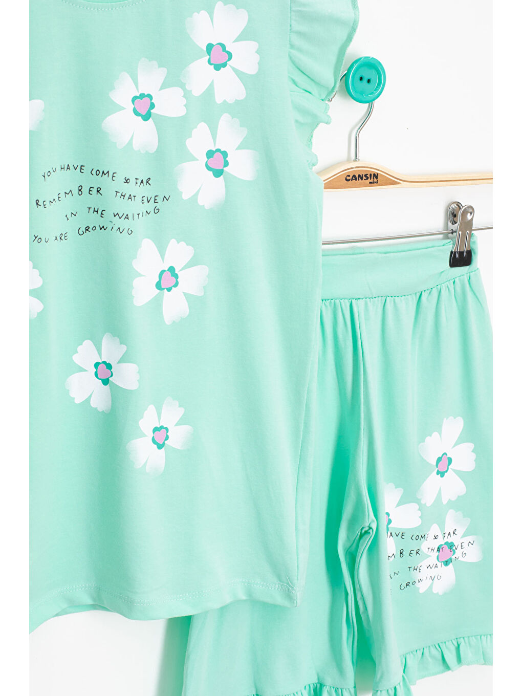 Yeşil Mint Çiçek Desenli Fırfır Detaylı Kız Çocuk Şortlu Takım 20601-1