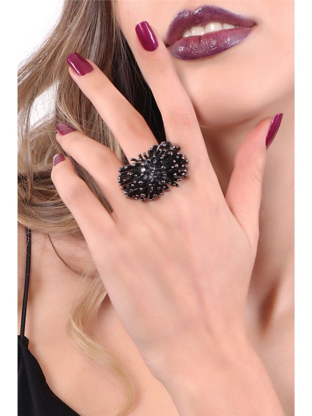 Kadın Antrasit Lak Kaplama Ayarlanabilir Kirpi Yüzük-2