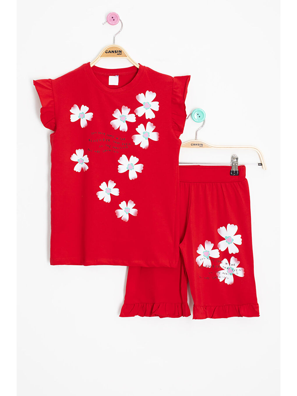Kırmızı Çiçek Desenli Fırfır Detaylı Kız Çocuk Şortlu Takım 20600