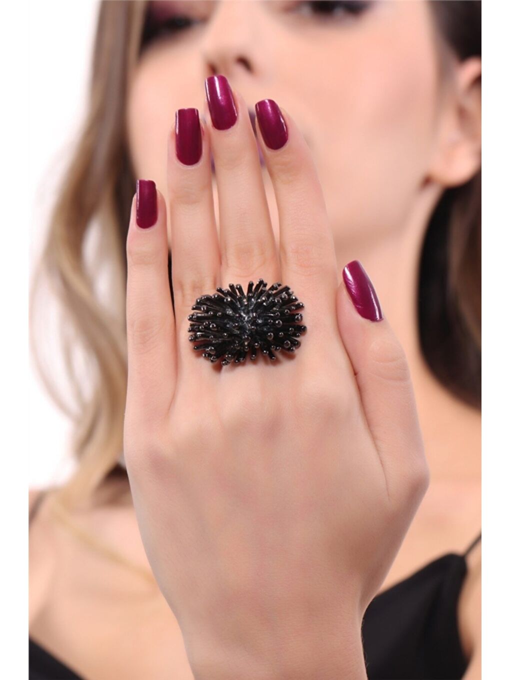 Kadın Antrasit Lak Kaplama Ayarlanabilir Kirpi Yüzük-4