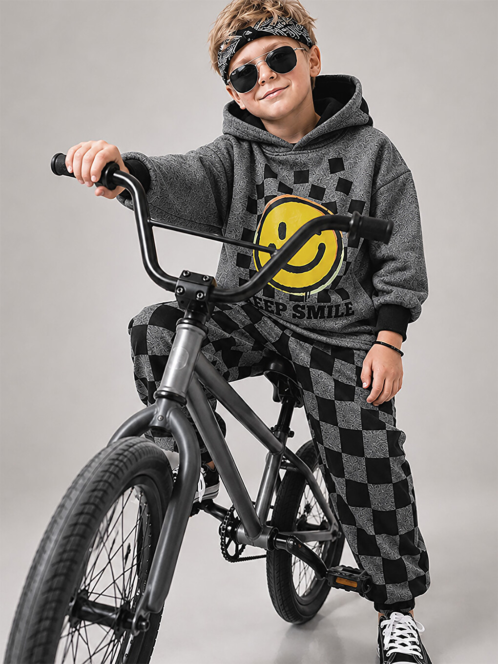 Antrasit Erkek Çocuk Eşofman Takım Damalı Kalın Kapüşonlu Sweatshirt Eşofman Altı-4