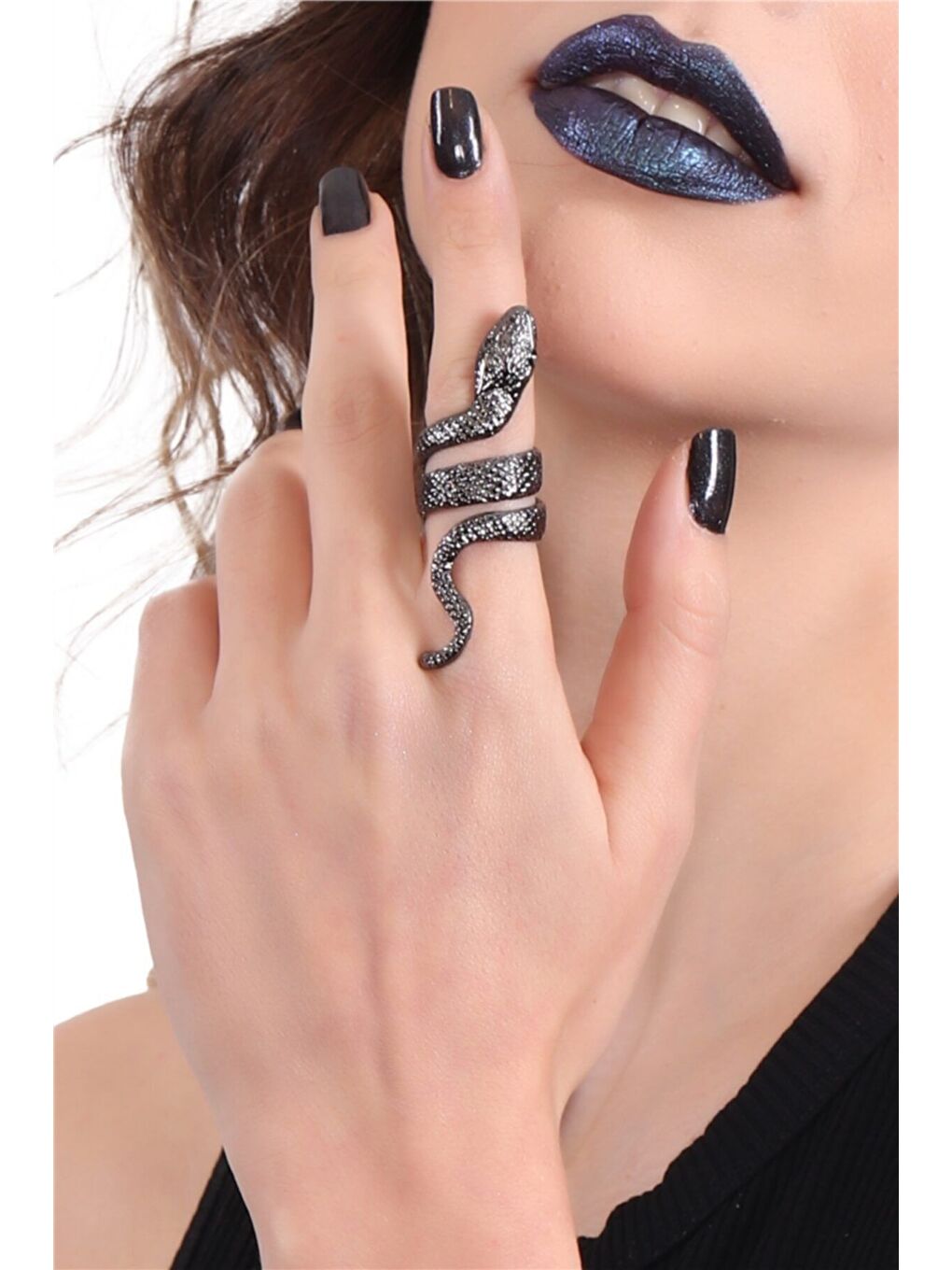 Kadın Metalik Antrasit Lak Kaplama Dolama Model Yılan Formlu Ayarlanabilir Sağ Parmak Yüzük-3