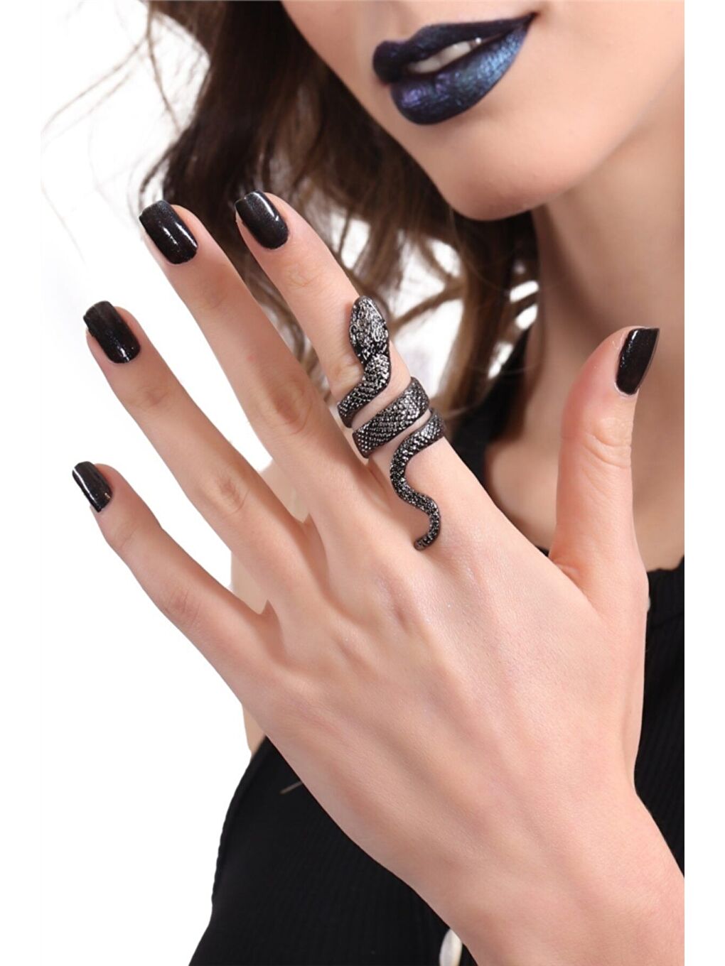 Kadın Metalik Antrasit Lak Kaplama Dolama Model Yılan Formlu Ayarlanabilir Sağ Parmak Yüzük-2