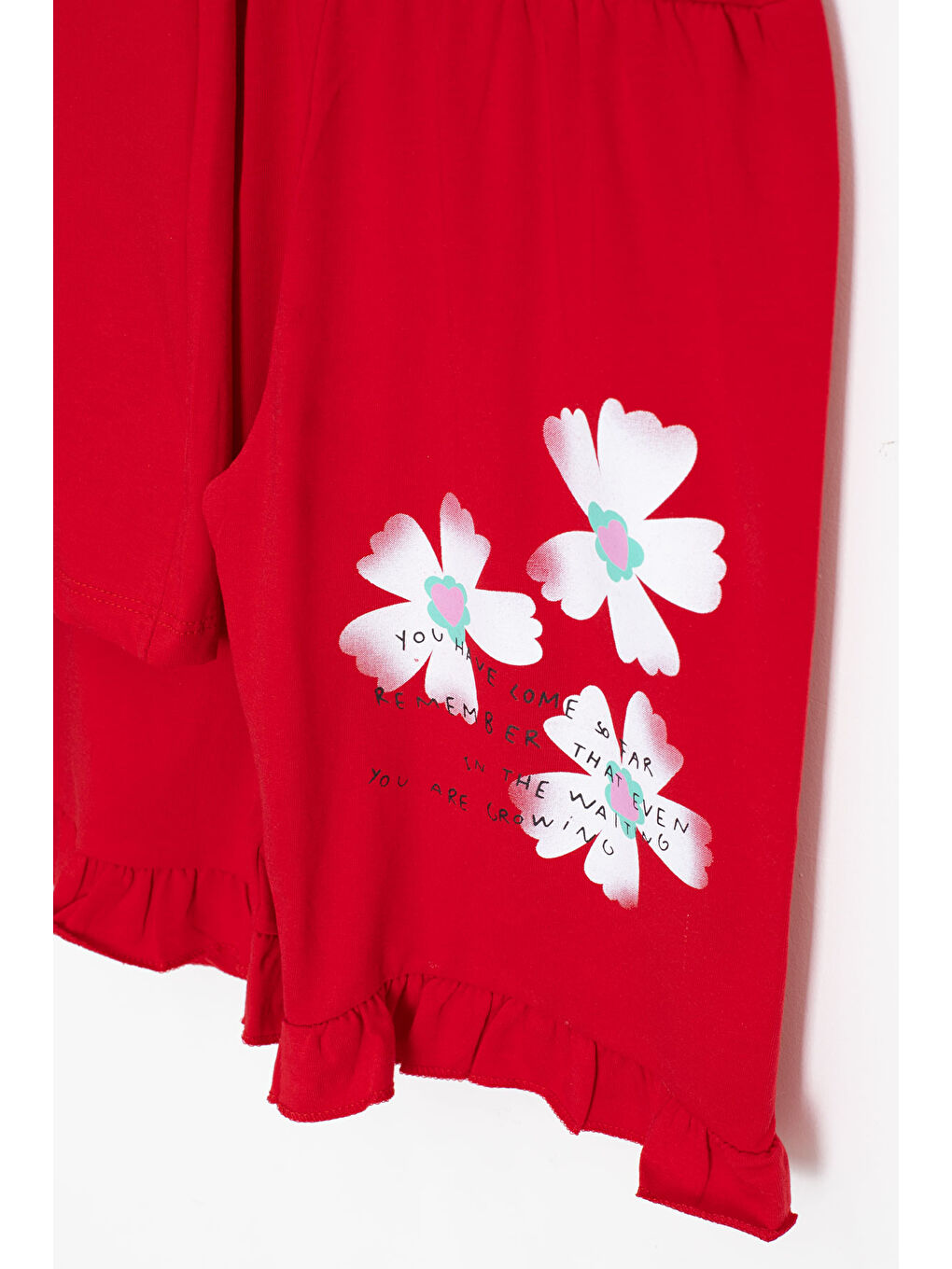 Kırmızı Çiçek Desenli Fırfır Detaylı Kız Çocuk Şortlu Takım 20600-3