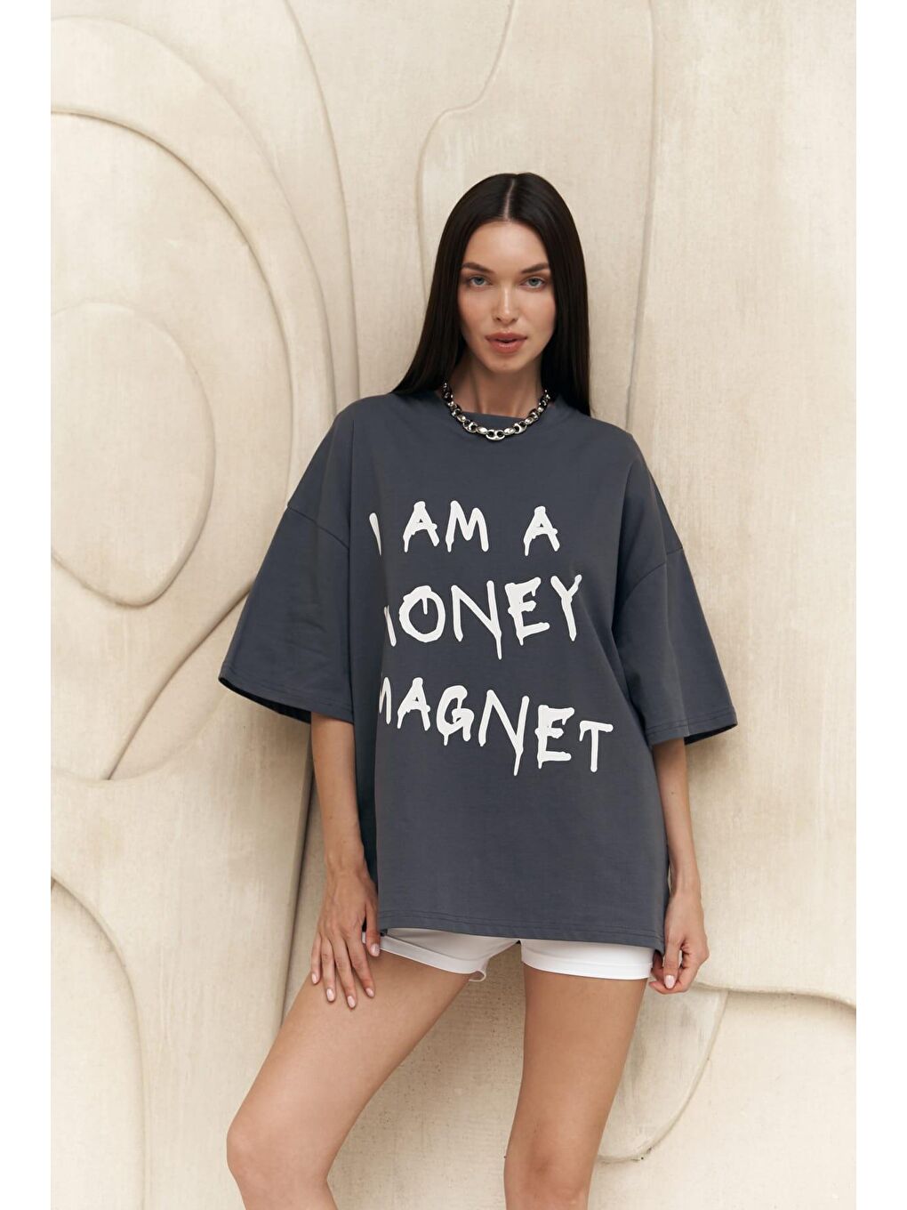 Mai Collection Money Magnet Antrasit Oversize T-Shirt