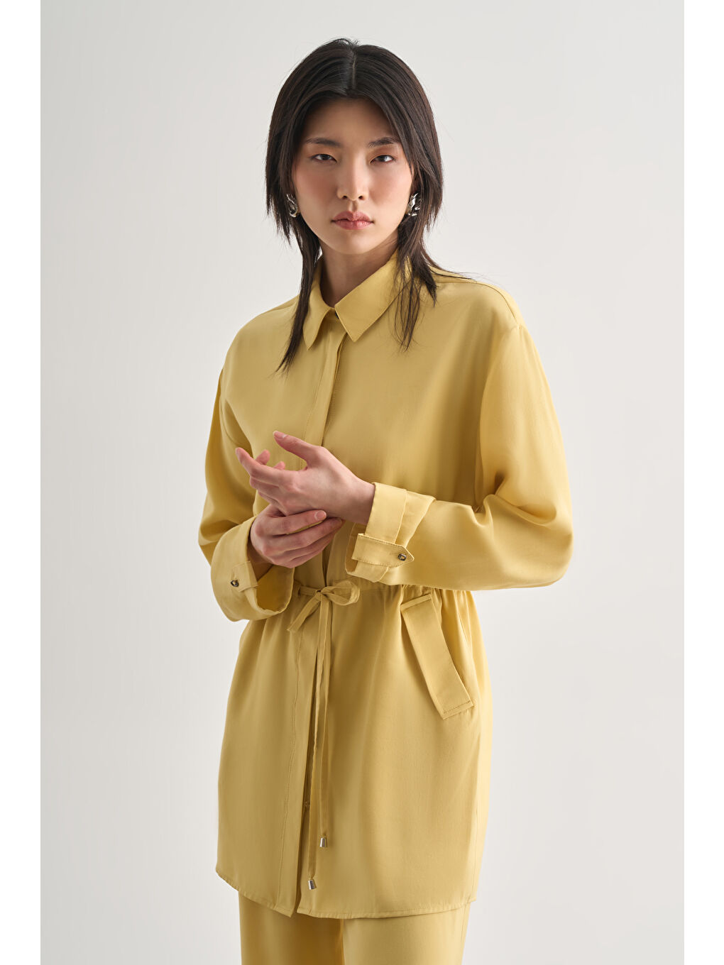 Çift Cepli Beli İp Büzgülü Modal Sarı Tunik-1