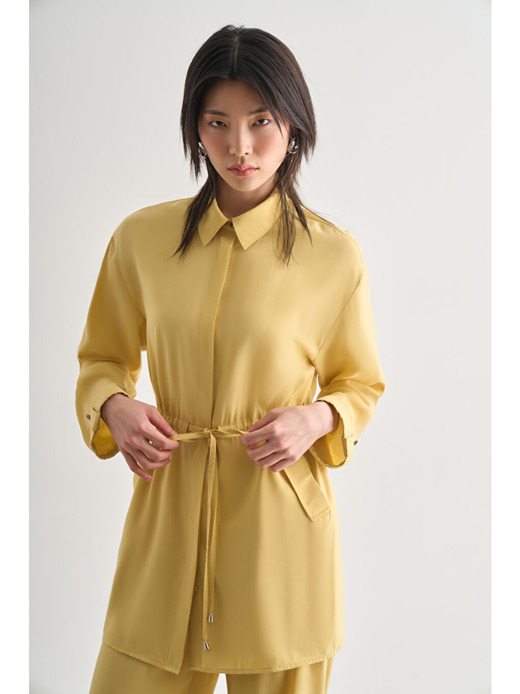 Çift Cepli Beli İp Büzgülü Modal Sarı Tunik-2