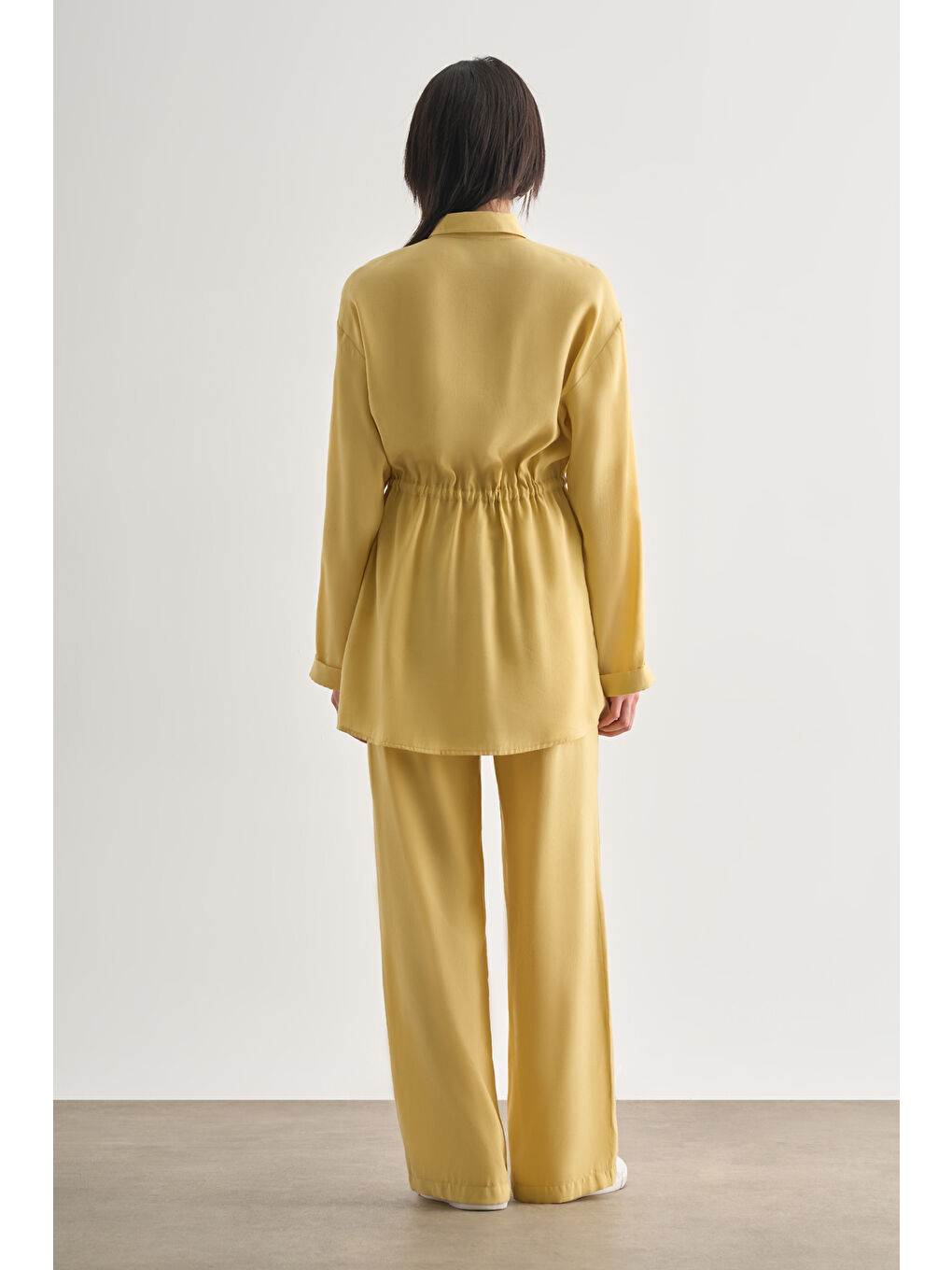 Çift Cepli Beli İp Büzgülü Modal Sarı Tunik-3