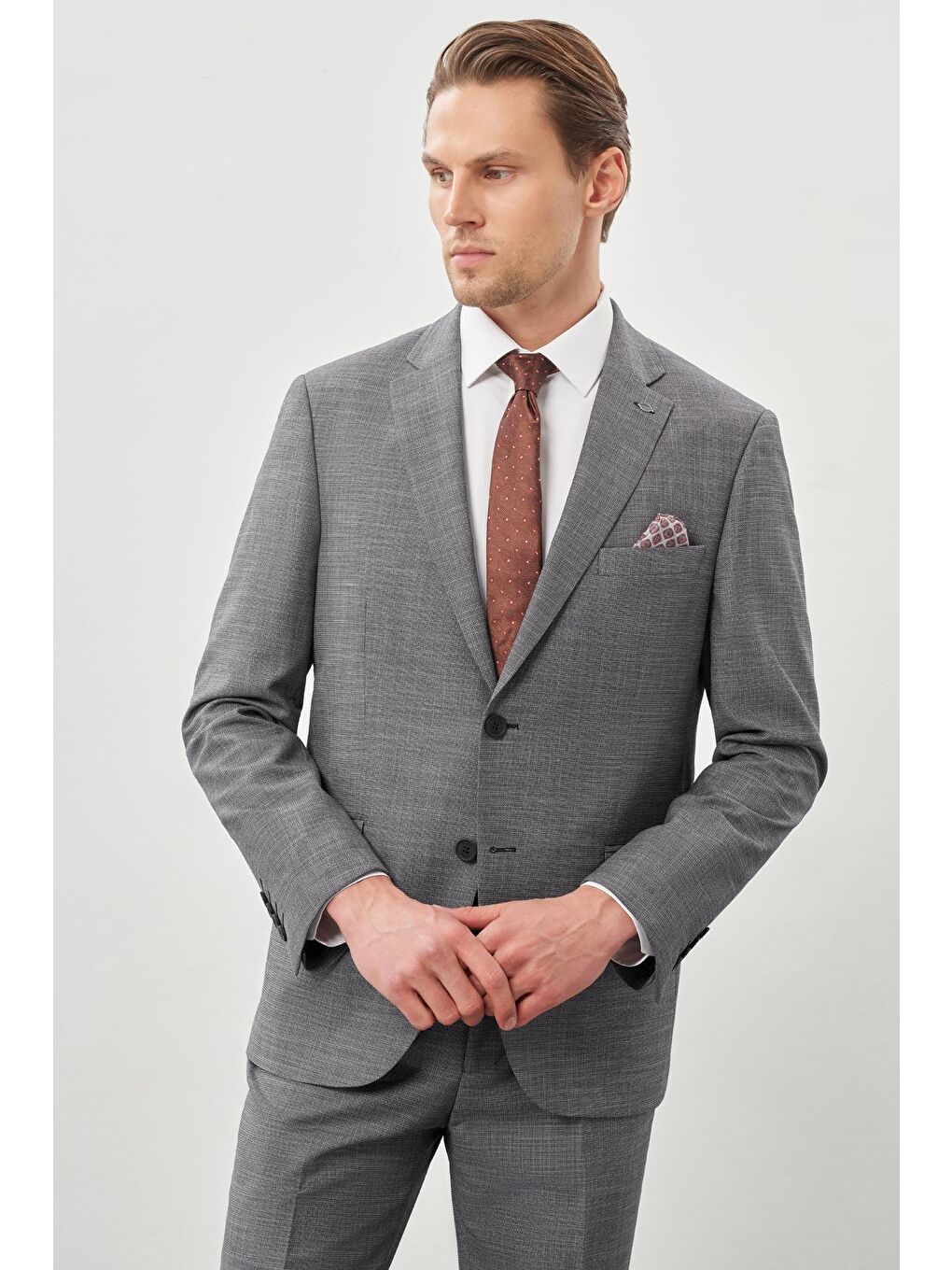 Gri Füme Kendinden Mono Yaka Çift Yırtmaç 2 Düğme 6 Drop Comfort Fit Classic Takım Elbise 1001245162-2