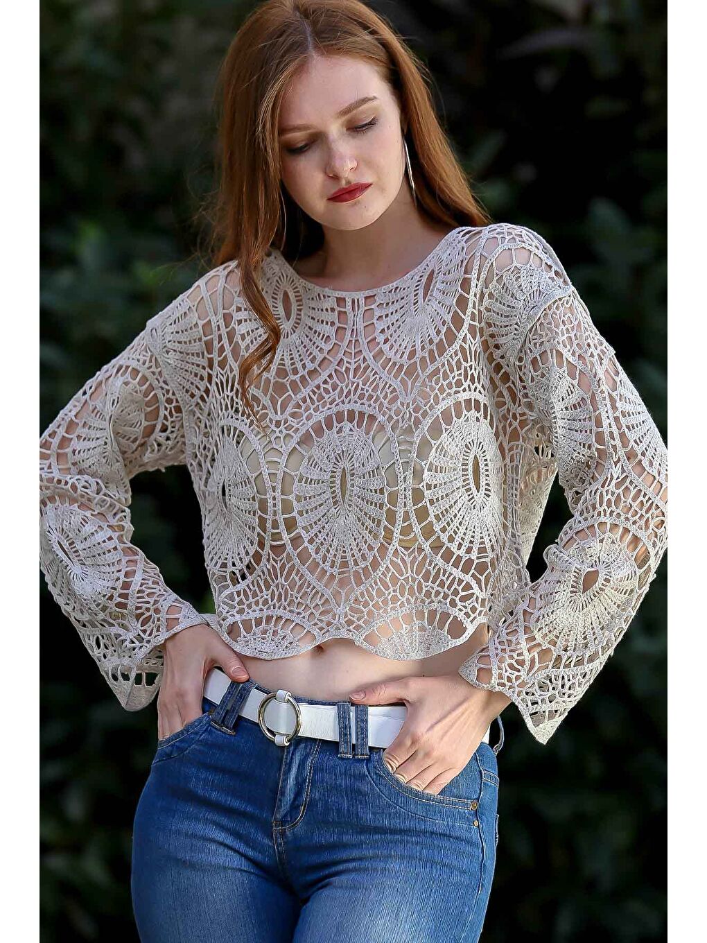 Bej Kadın Taş Retro Tığ İşi Örgü Damla Desenli Triko Bluz M10010200BL95879