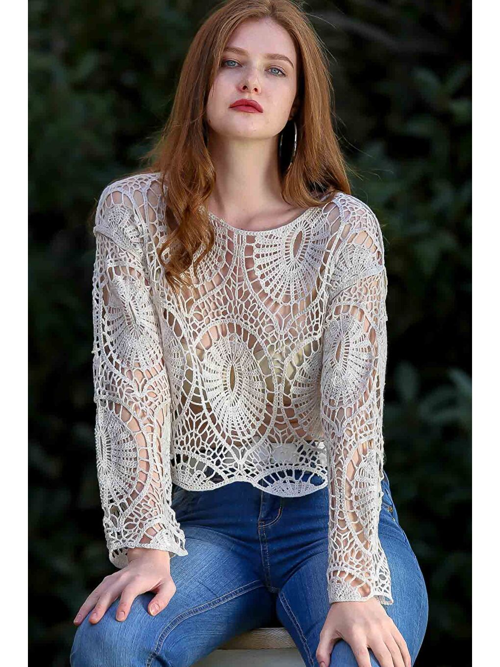 Bej Kadın Taş Retro Tığ İşi Örgü Damla Desenli Triko Bluz M10010200BL95879-2