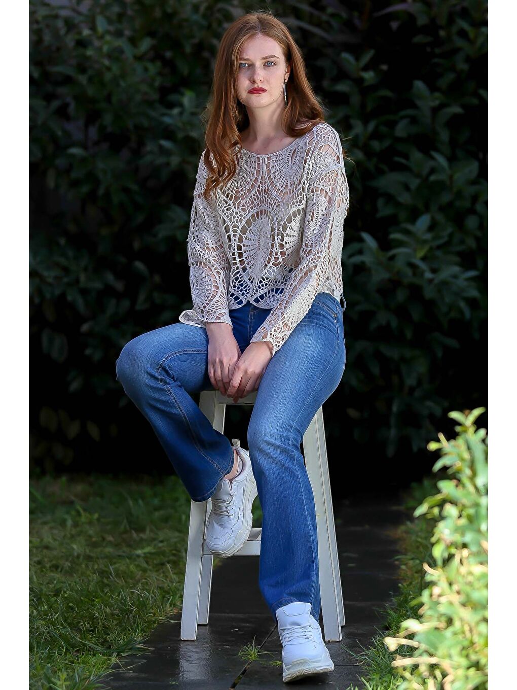 Bej Kadın Taş Retro Tığ İşi Örgü Damla Desenli Triko Bluz M10010200BL95879-3