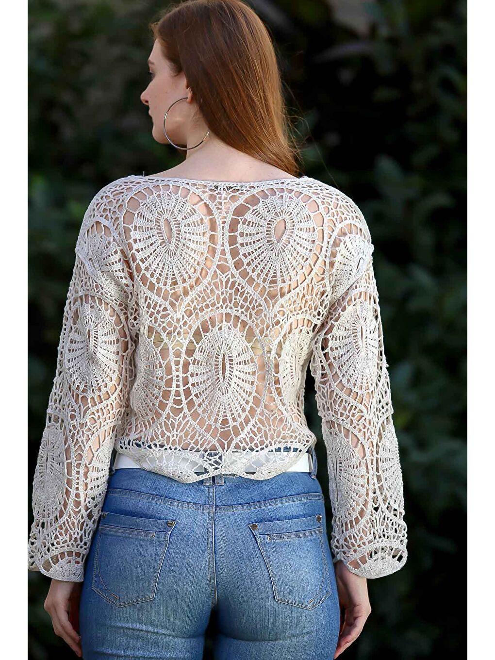 Bej Kadın Taş Retro Tığ İşi Örgü Damla Desenli Triko Bluz M10010200BL95879-4