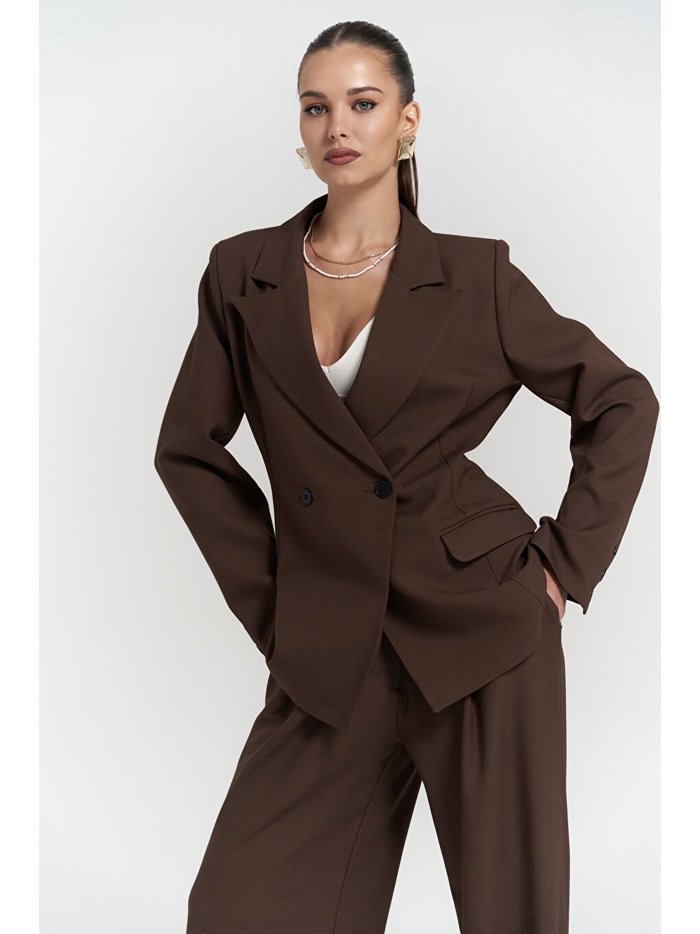 Kahverengi Halvyn Dar Kesim Blazer Kahve Takım