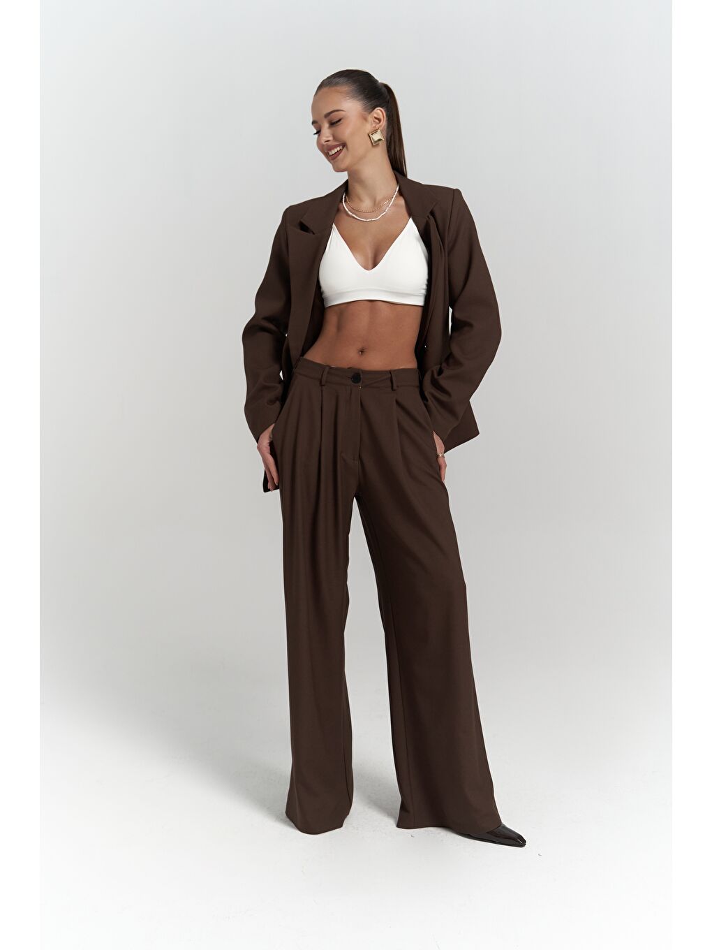 Kahverengi Halvyn Dar Kesim Blazer Kahve Takım-2