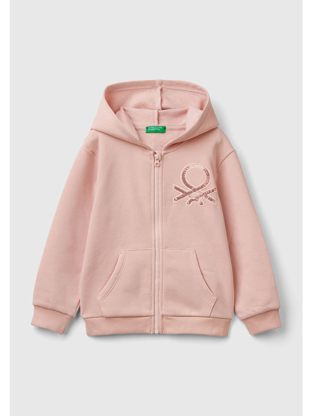 United Colors Of Benetton Kız Çocuk Toz Pembe Pamuk Karışımlı Fermuarlı Kapüşonlu Logolu Sweatshirt