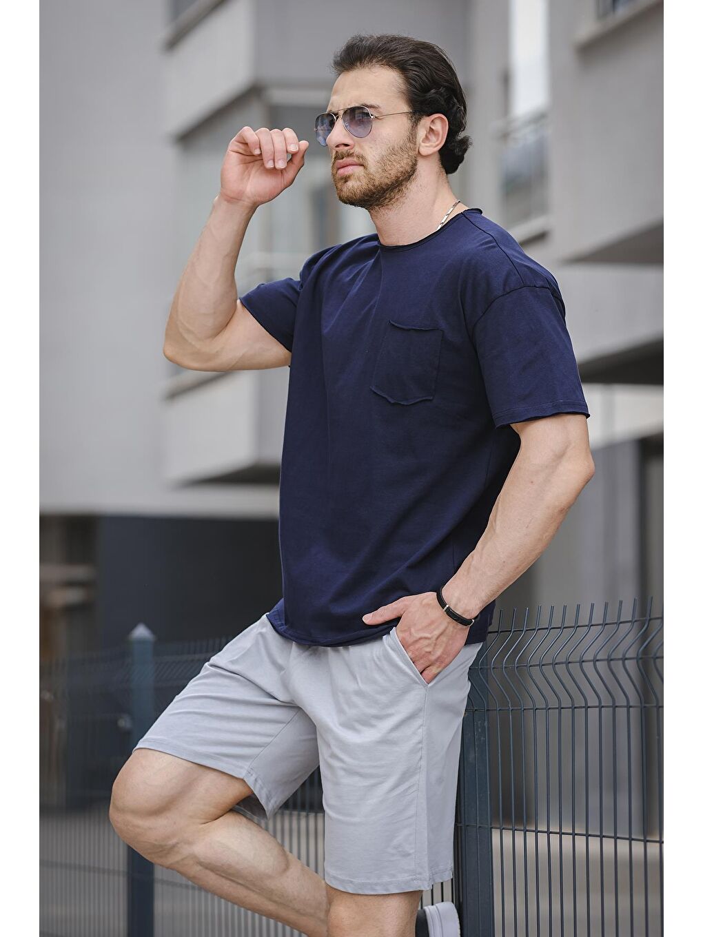 Lacivert Oversize Cepli Erkek Şort Tişört 2'li Takım