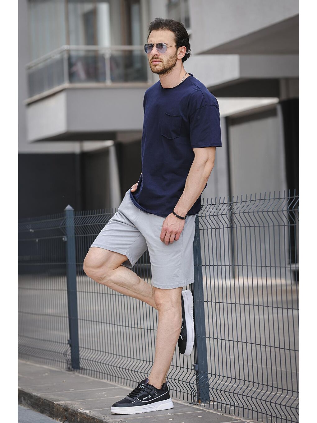 Lacivert Oversize Cepli Erkek Şort Tişört 2'li Takım-2