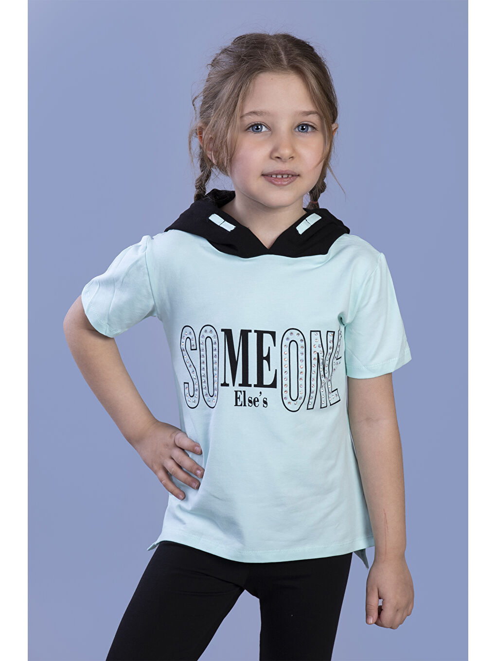 Yeşil Kız Çocuk KapüşonluTaş İşlemeli Baskılı Tişört-1