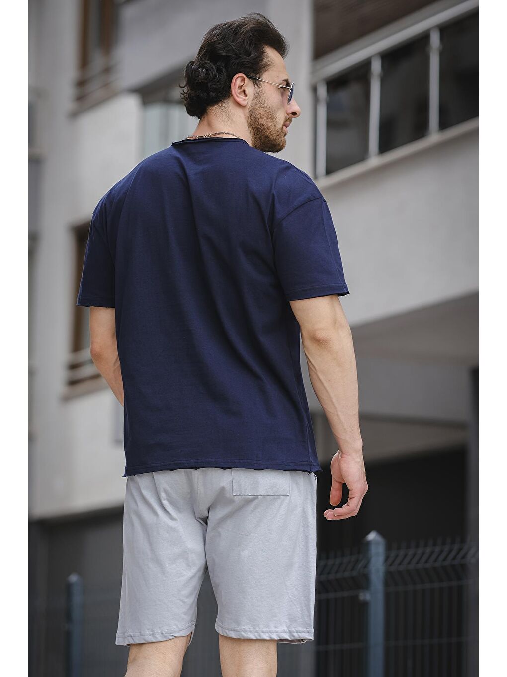 Lacivert Oversize Cepli Erkek Şort Tişört 2'li Takım-3