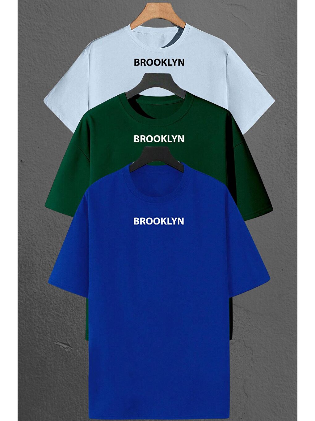 uyguntarz Mavi Brooklyn Baskılı Unisex Oversize 3'lü T-shirt Paketi