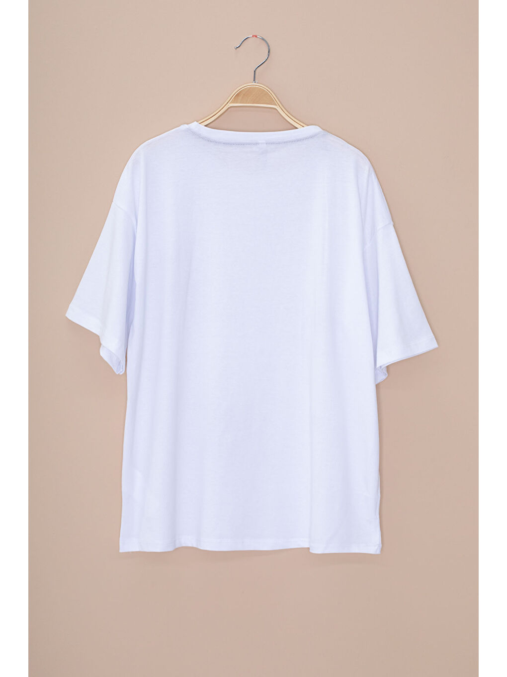 Ekru Yazı Baskılı Fiyonklu Kız Çocuk Kısa Kol Oversize Tişört 20802-2