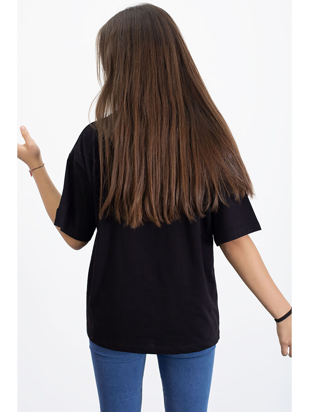 Siyah Yazı Baskılı Fiyonklu Kız Çocuk Kısa Kol Oversize Tişört 20803-3