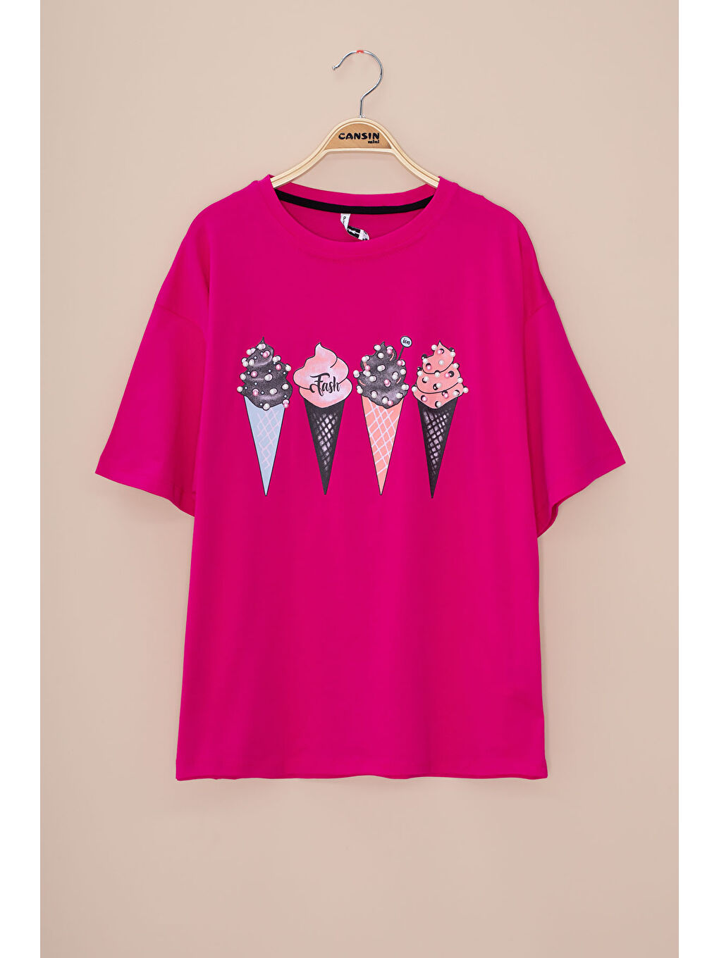 Fuşya Dondurma Baskılı Taşlı Kız Çocuk Kısa Kol Oversize Tişört 20796
