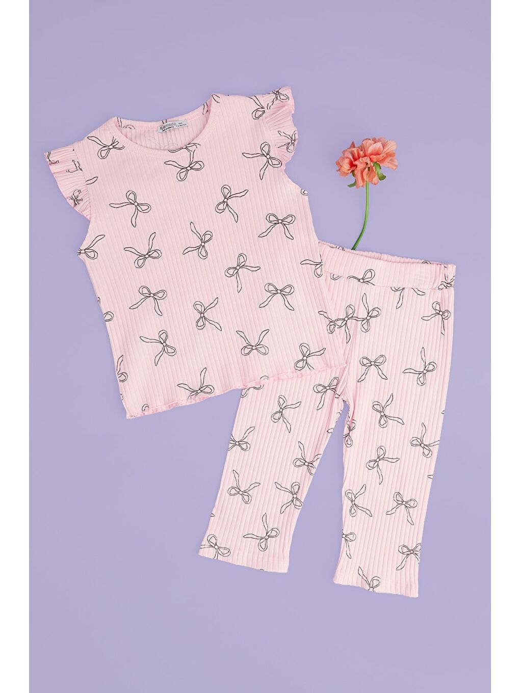Pembe Fitilli Kurdele Desenli Fırfırlı Kız Çocuk 2 Li Takım