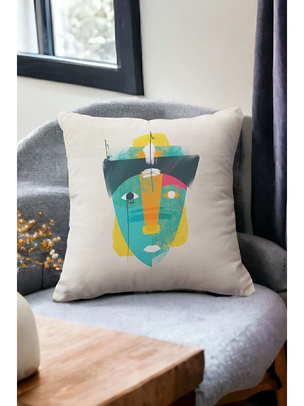 ASDIVA Yeşil Kadife 43x43 Cm Kırlent Kılıfı Dekoratif Yumuşak Salon Soyut Yüz