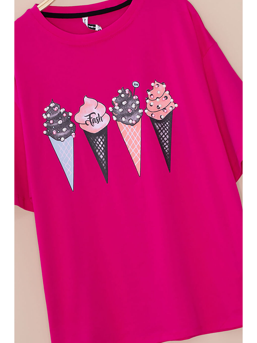 Fuşya Dondurma Baskılı Taşlı Kız Çocuk Kısa Kol Oversize Tişört 20796-1