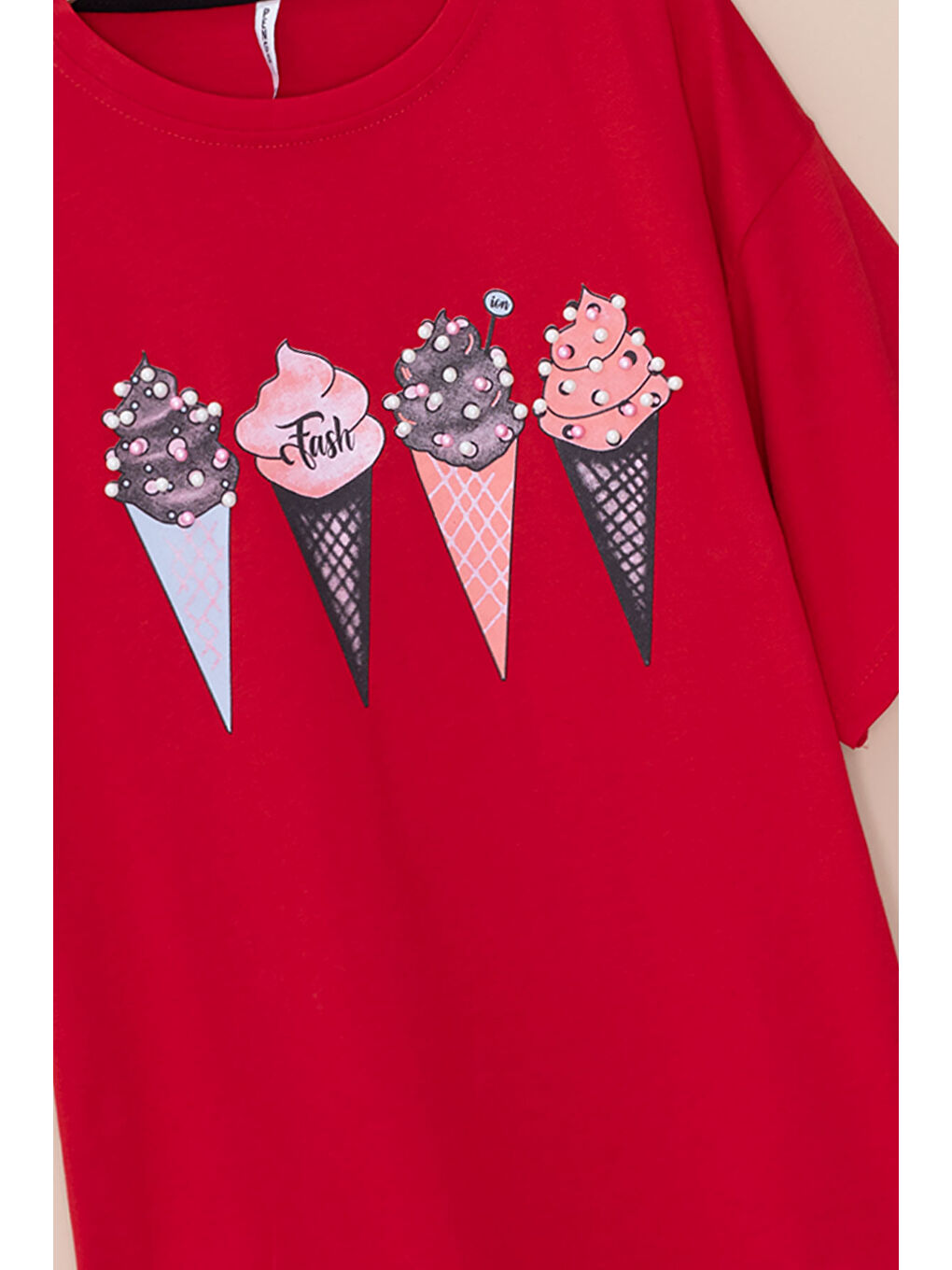 Kırmızı Dondurma Baskılı Taşlı Kız Çocuk Kısa Kol Oversize Tişört 20794-1